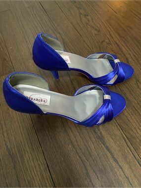 Royal Blue Satin Open-Toe Kitten Heel